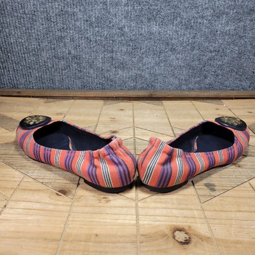 Tory Burch Reva‎ Bauer 5.5M Ballet Flats Slip On Shoes Red Multi Stripe Canvas